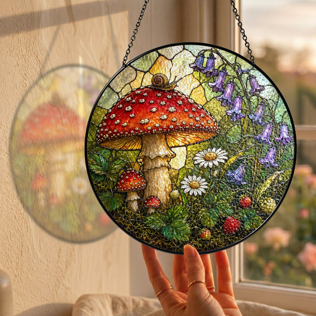Toadstool, Snail & Woodland Blooms Stained Glass Suncatcher
