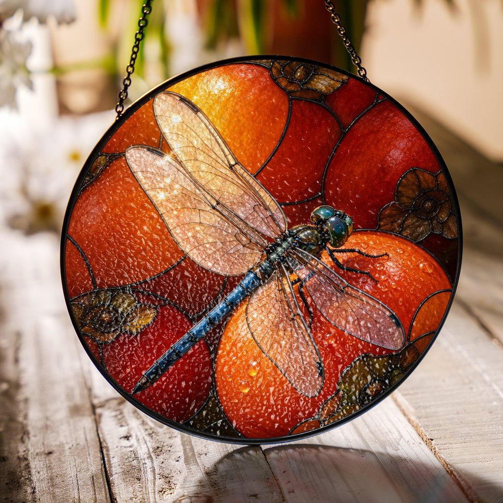 Dragonfly & Autumn Pumpkins Stained Glass Suncatcher
