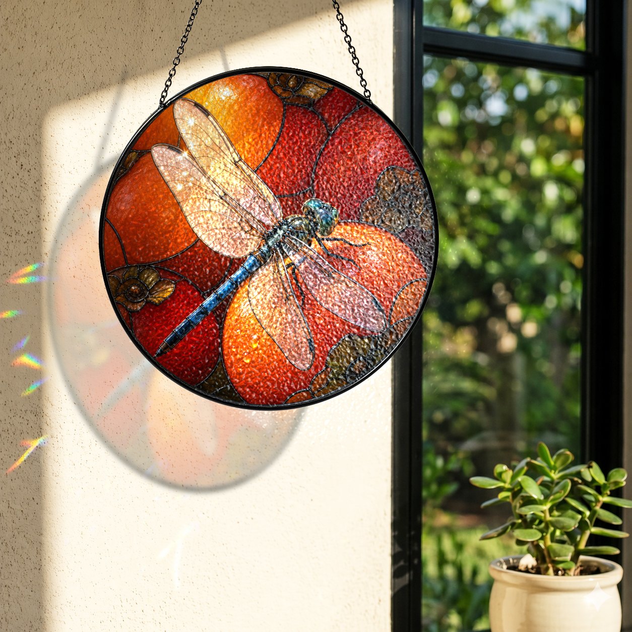 Dragonfly & Autumn Pumpkins Stained Glass Suncatcher