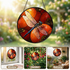 Dragonfly & Autumn Pumpkins Stained Glass Suncatcher