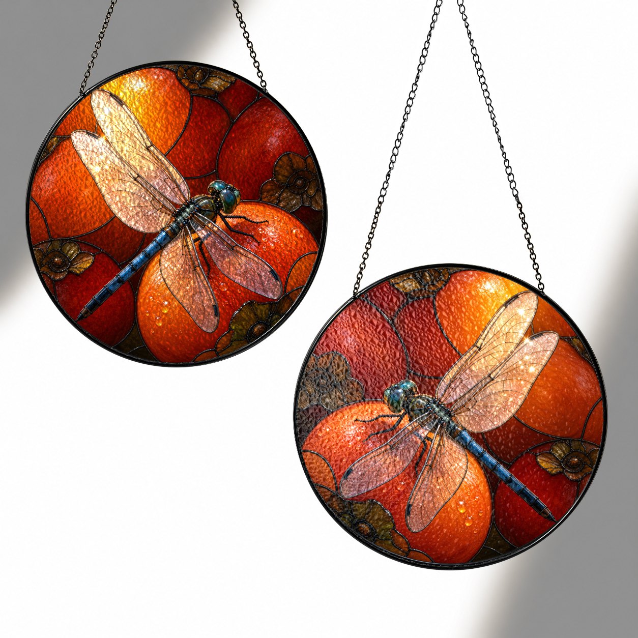 Dragonfly & Autumn Pumpkins Stained Glass Suncatcher