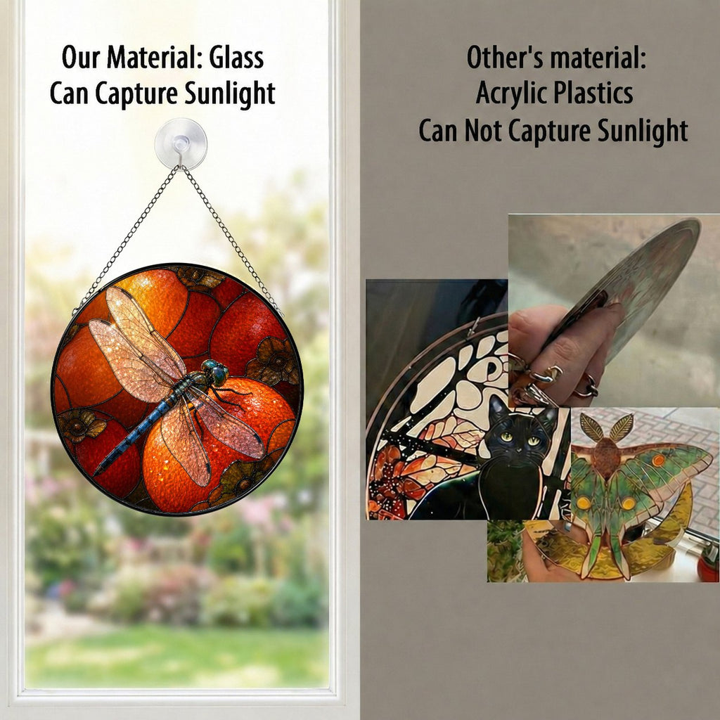 Dragonfly & Autumn Pumpkins Stained Glass Suncatcher