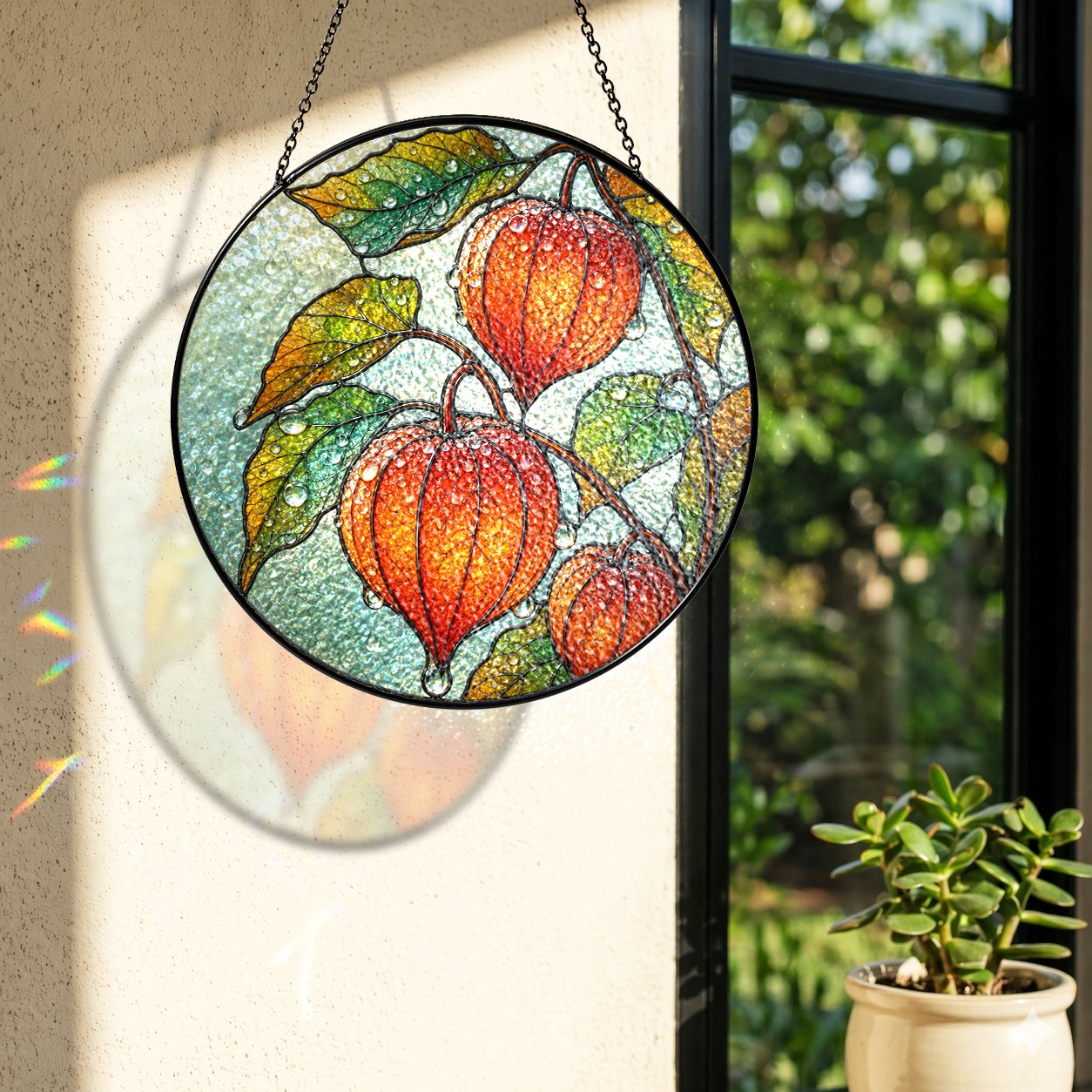 Chinese Lantern Physalis Stained Glass Suncatcher