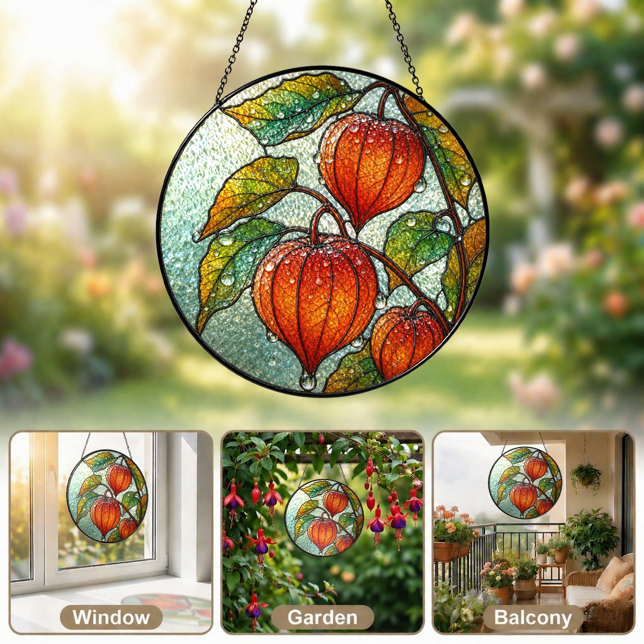 Chinese Lantern Physalis Stained Glass Suncatcher
