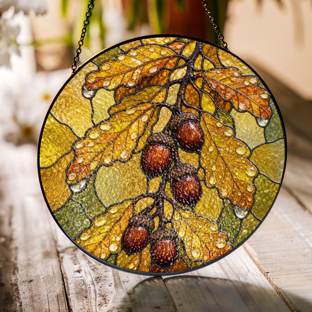 Oak Leaves & Acorns Stained Glass Suncatcher