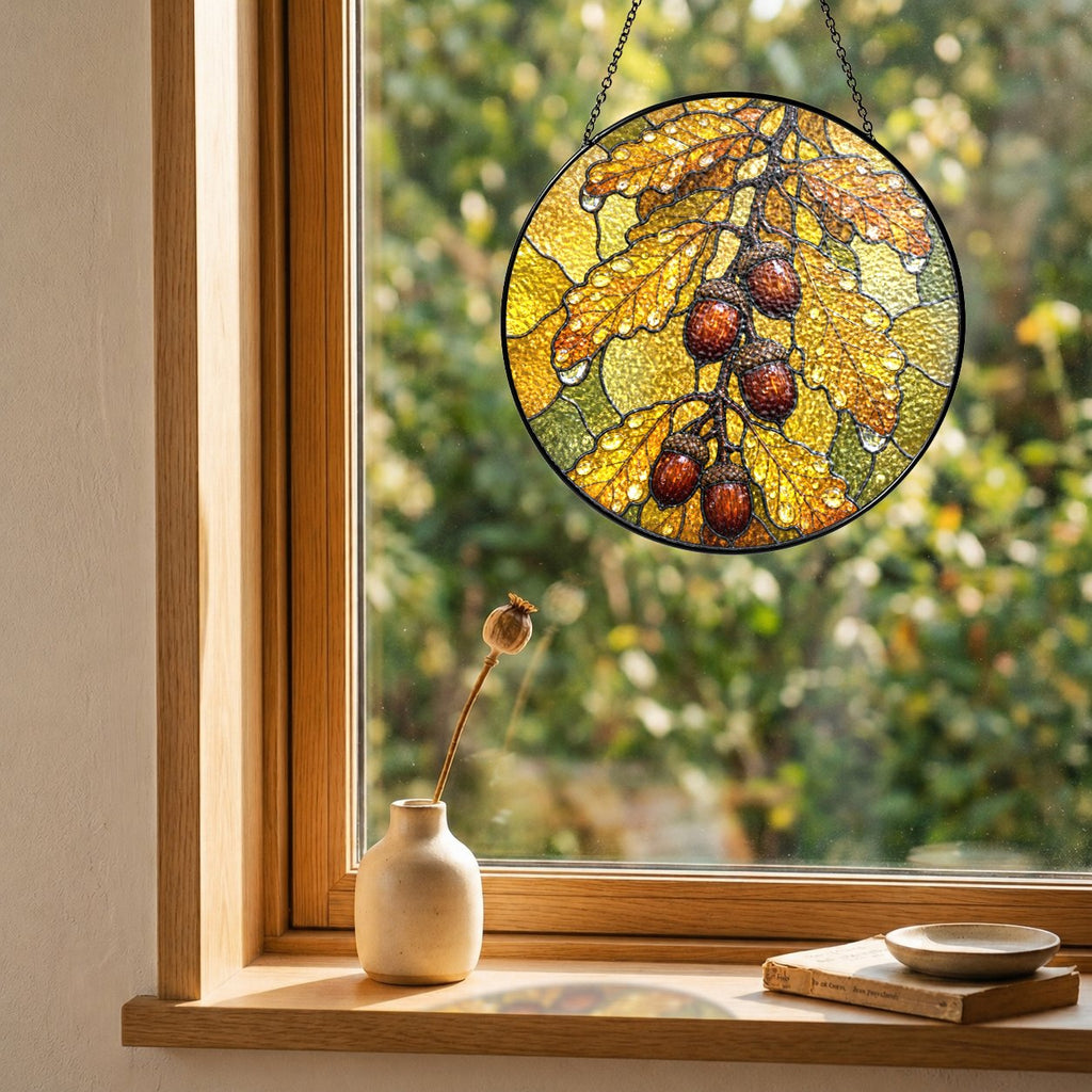 Oak Leaves & Acorns Stained Glass Suncatcher