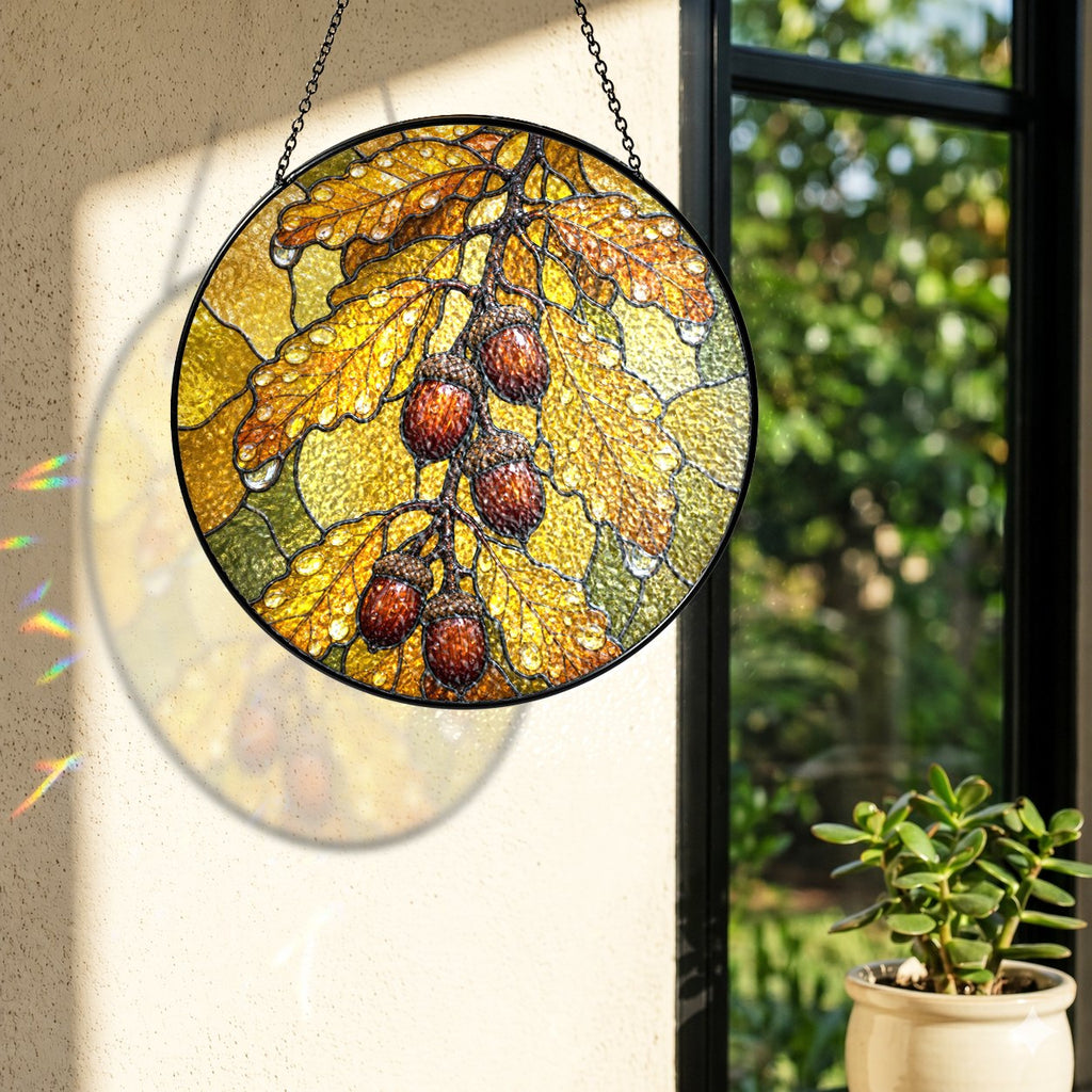 Oak Leaves & Acorns Stained Glass Suncatcher