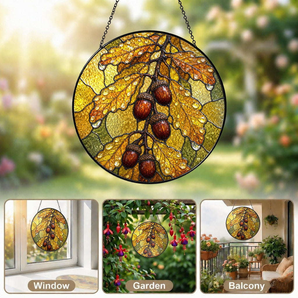 Oak Leaves & Acorns Stained Glass Suncatcher