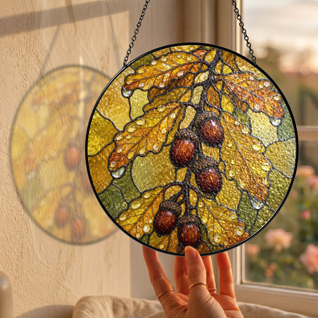 Oak Leaves & Acorns Stained Glass Suncatcher