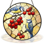Two blue tits and red berries stained glass suncatcher