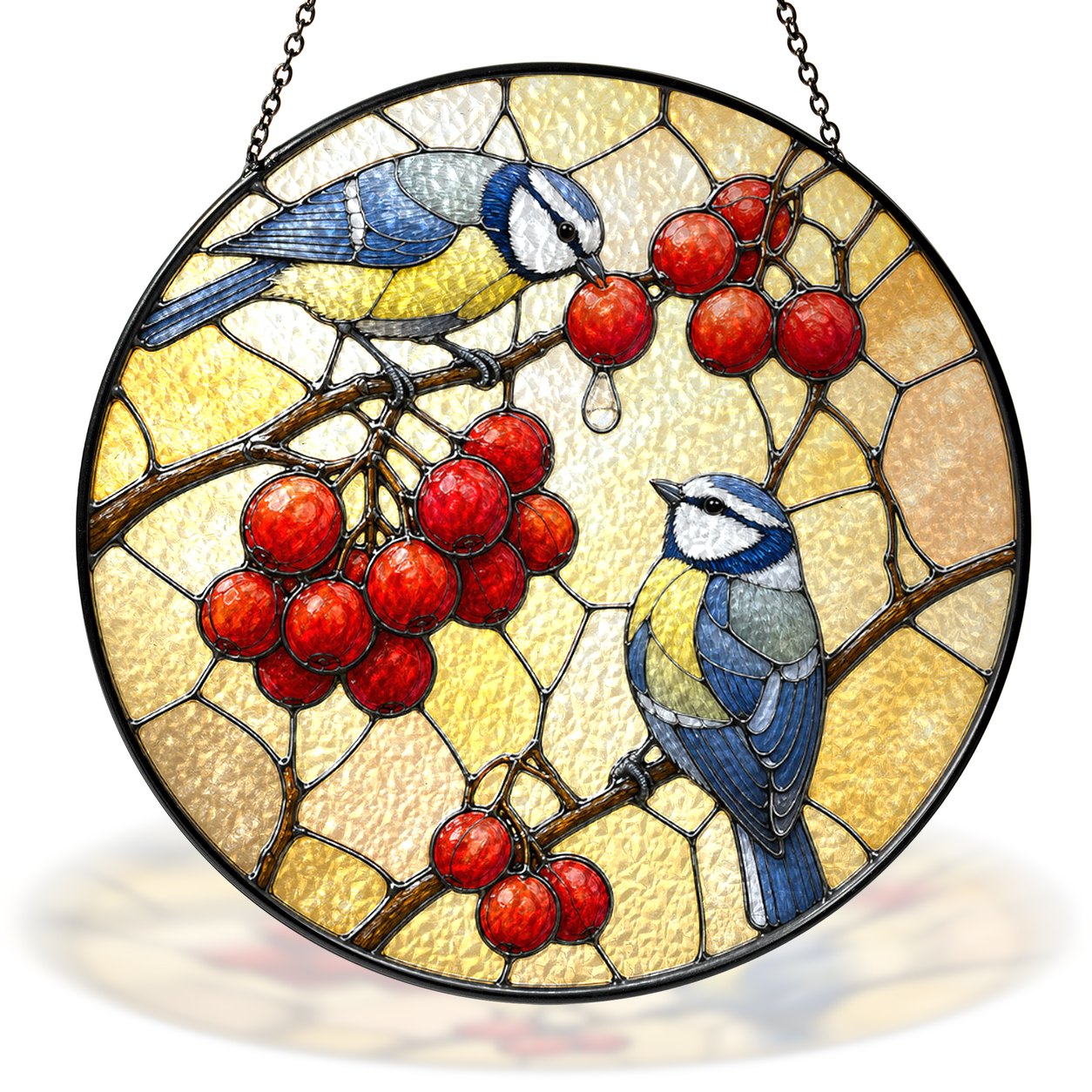 Two blue tits and red berries stained glass suncatcher