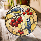 Blue Tit Pair & Red Berries Stained Glass Suncatcher