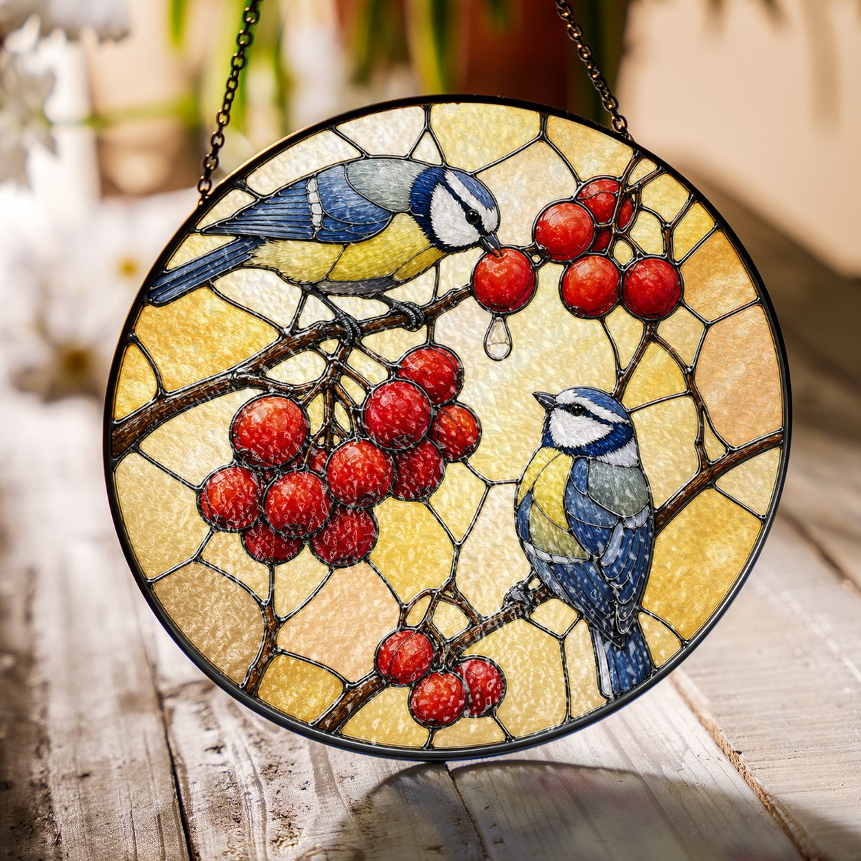 Blue Tit Pair & Red Berries Stained Glass Suncatcher