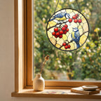 Blue Tit Pair & Red Berries Stained Glass Suncatcher