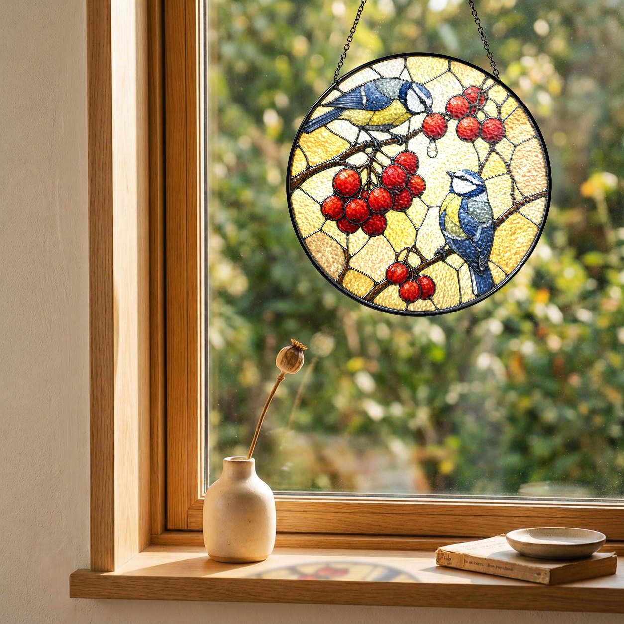 Blue Tit Pair & Red Berries Stained Glass Suncatcher