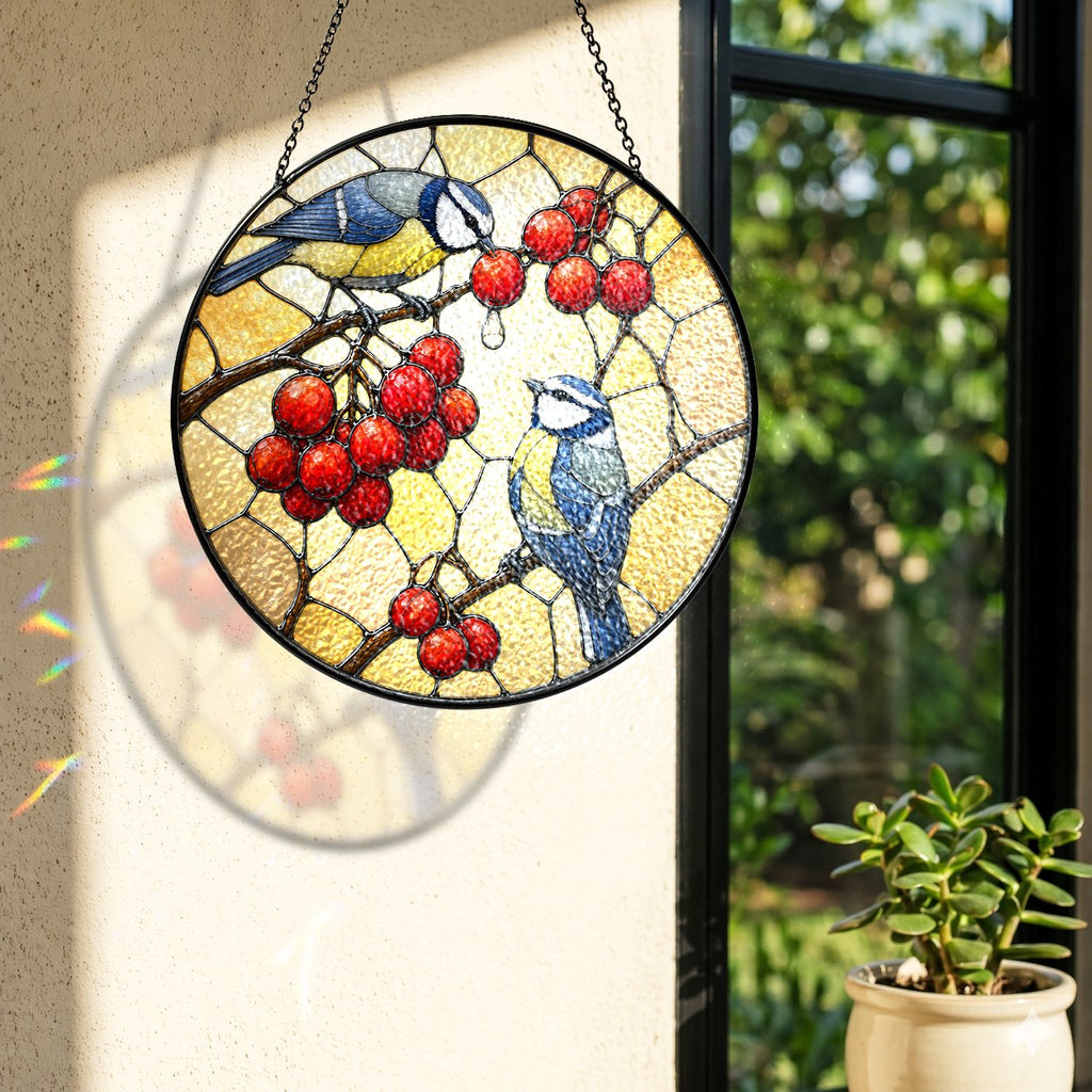 Blue Tit Pair & Red Berries Stained Glass Suncatcher