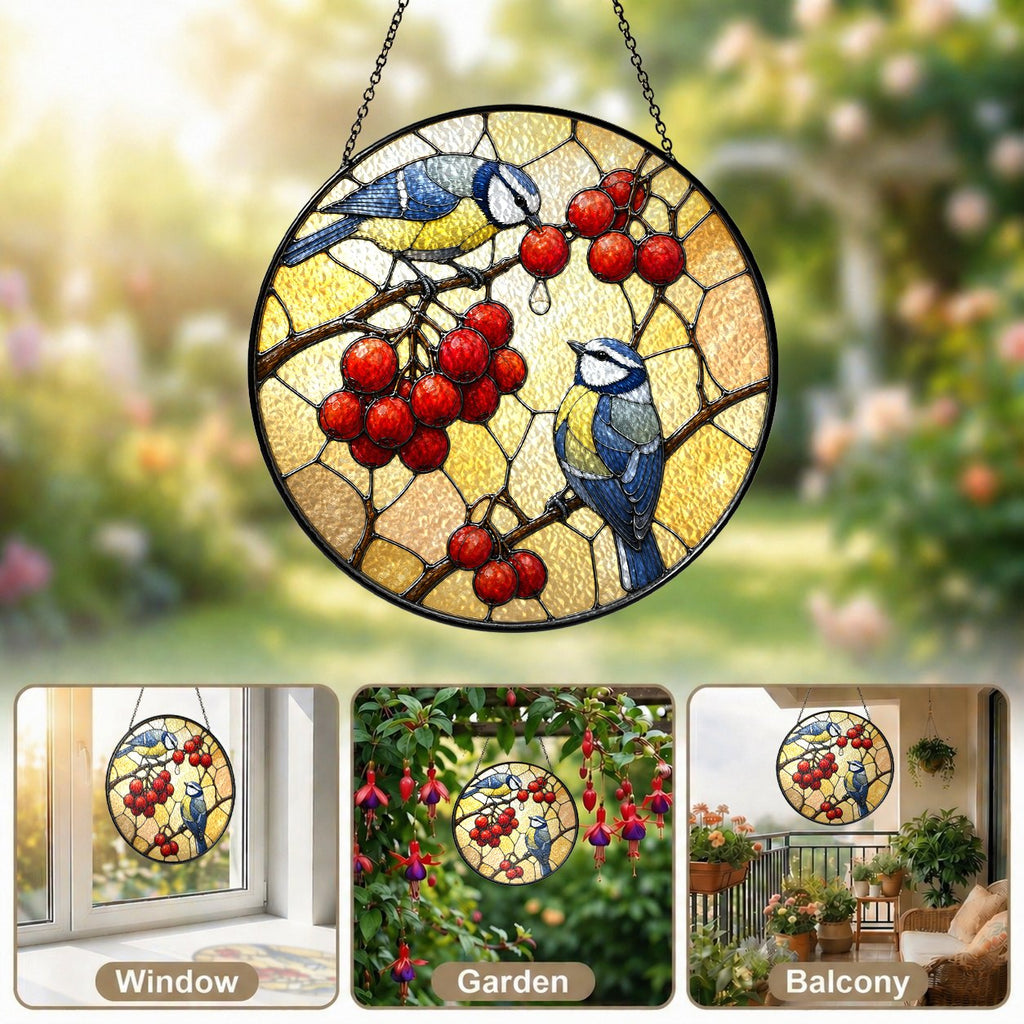 Blue Tit Pair & Red Berries Stained Glass Suncatcher