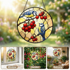 Blue Tit Pair & Red Berries Stained Glass Suncatcher