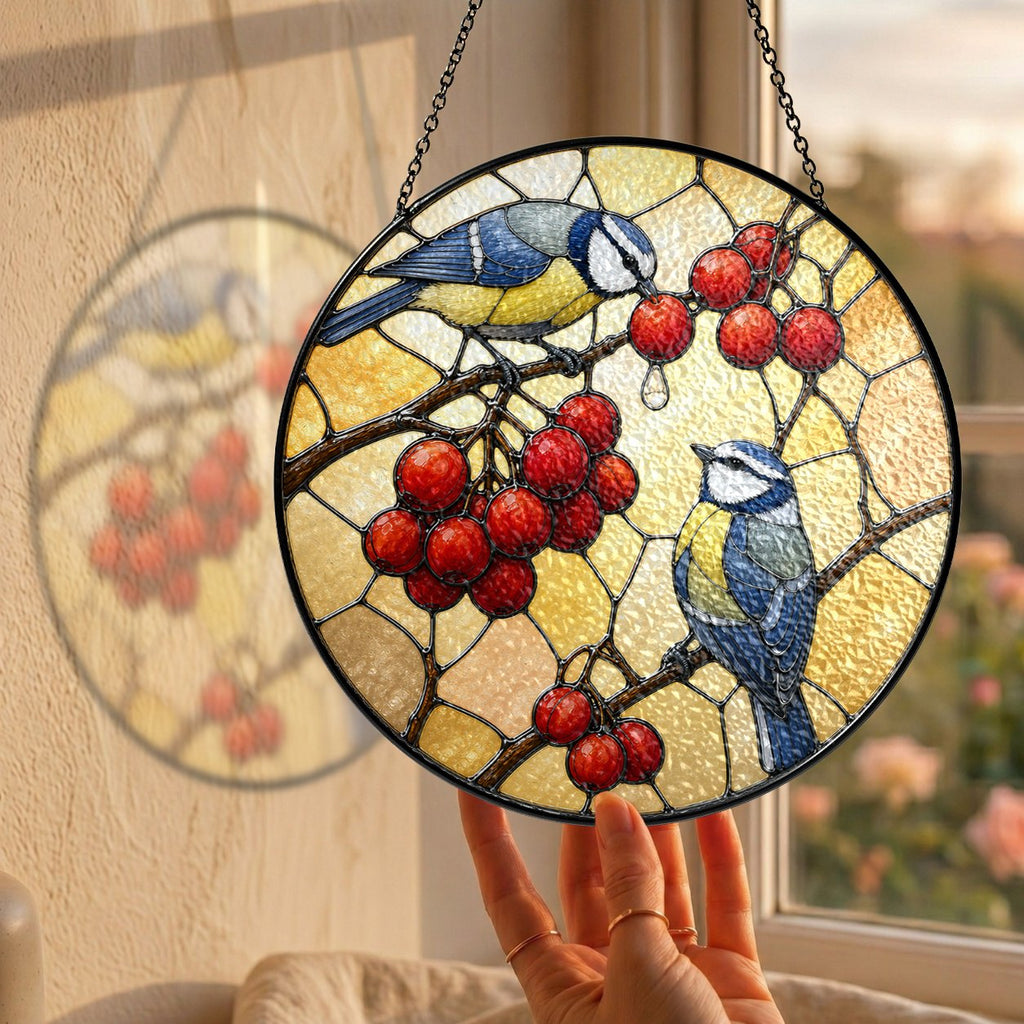 Blue Tit Pair & Red Berries Stained Glass Suncatcher