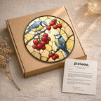 Blue Tit Pair & Red Berries Stained Glass Suncatcher