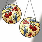 Blue Tit Pair & Red Berries Stained Glass Suncatcher