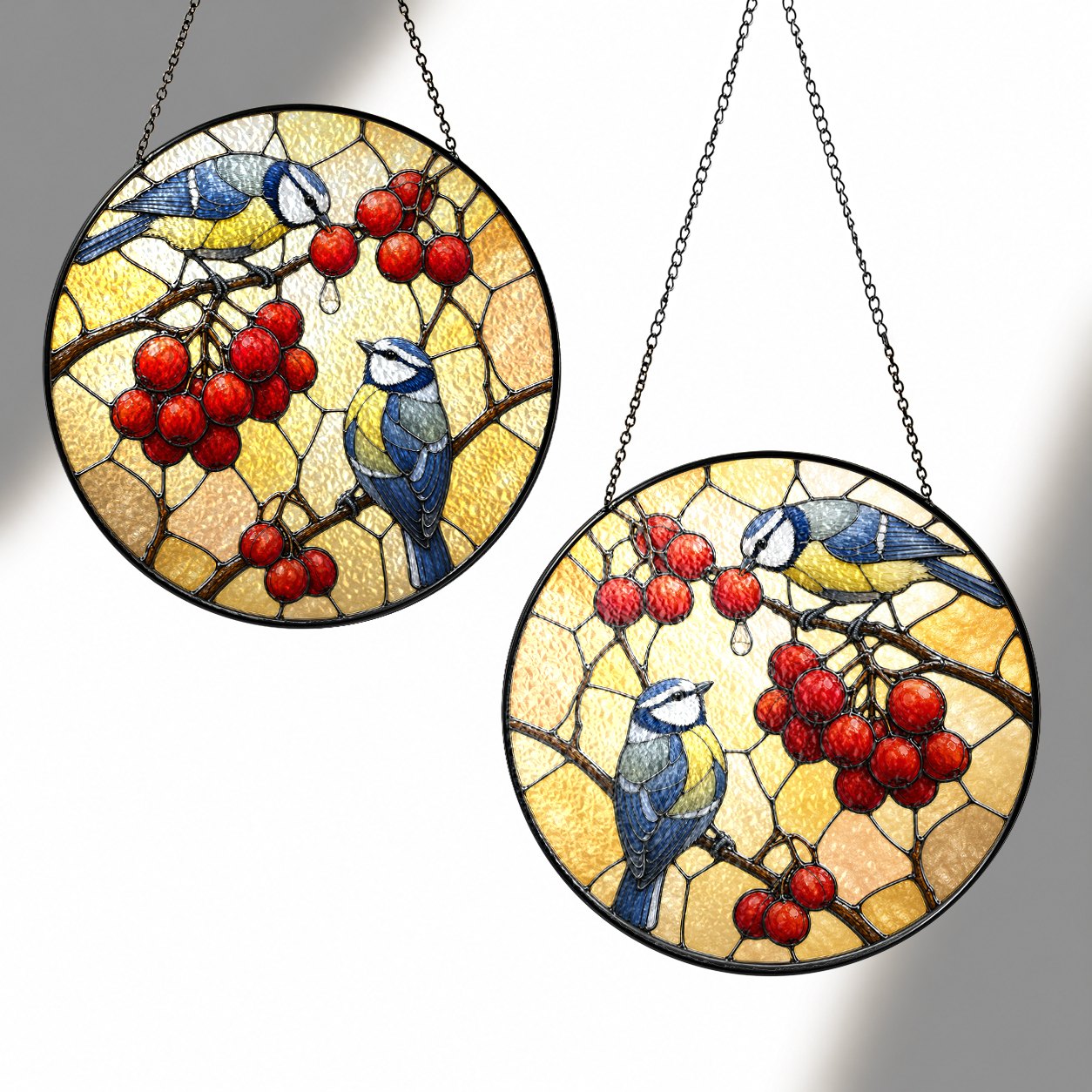 Blue Tit Pair & Red Berries Stained Glass Suncatcher