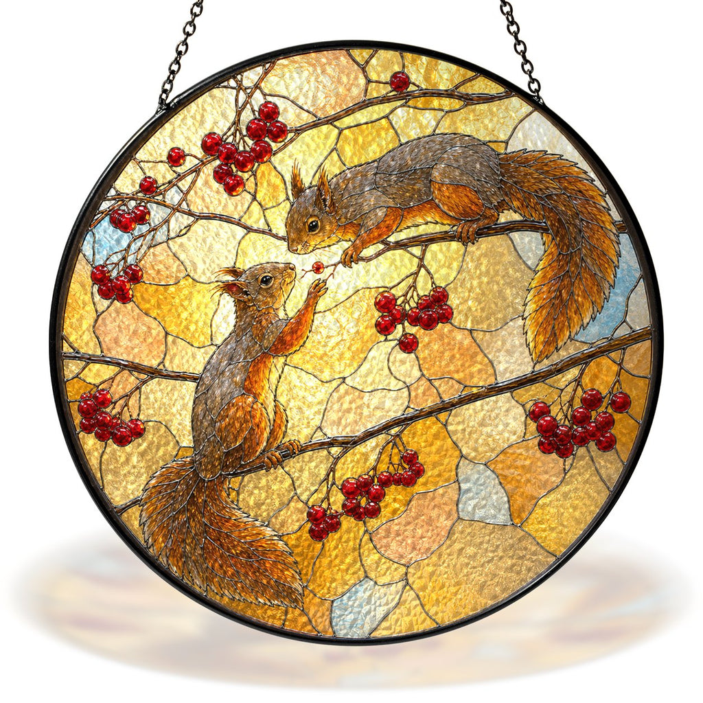 Two squirrels sharing rowan berries stained glass suncatcher