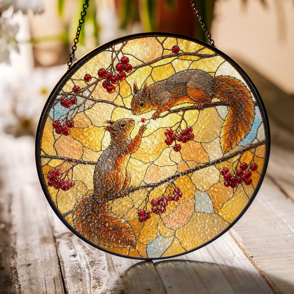 Squirrel Pair & Rowan Berry Branch Stained Glass Suncatcher