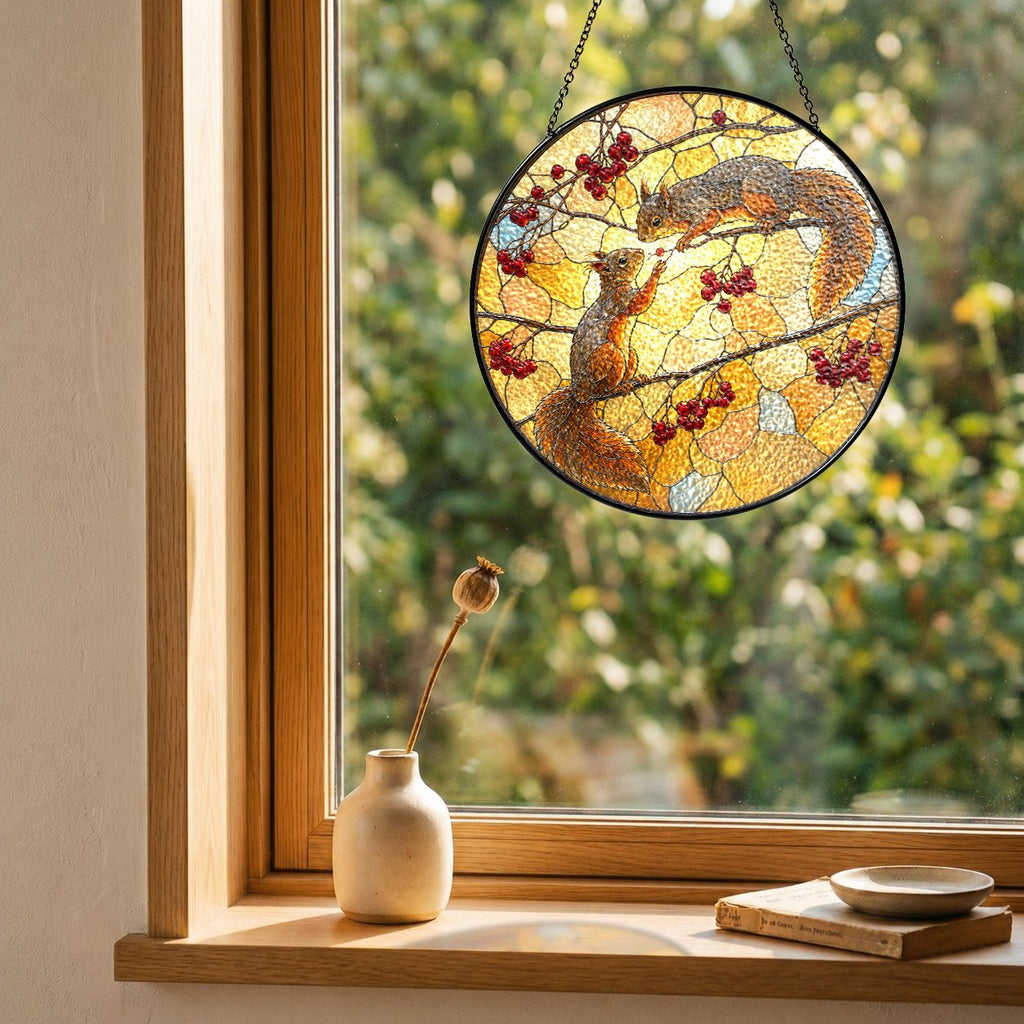 Squirrel Pair & Rowan Berry Branch Stained Glass Suncatcher