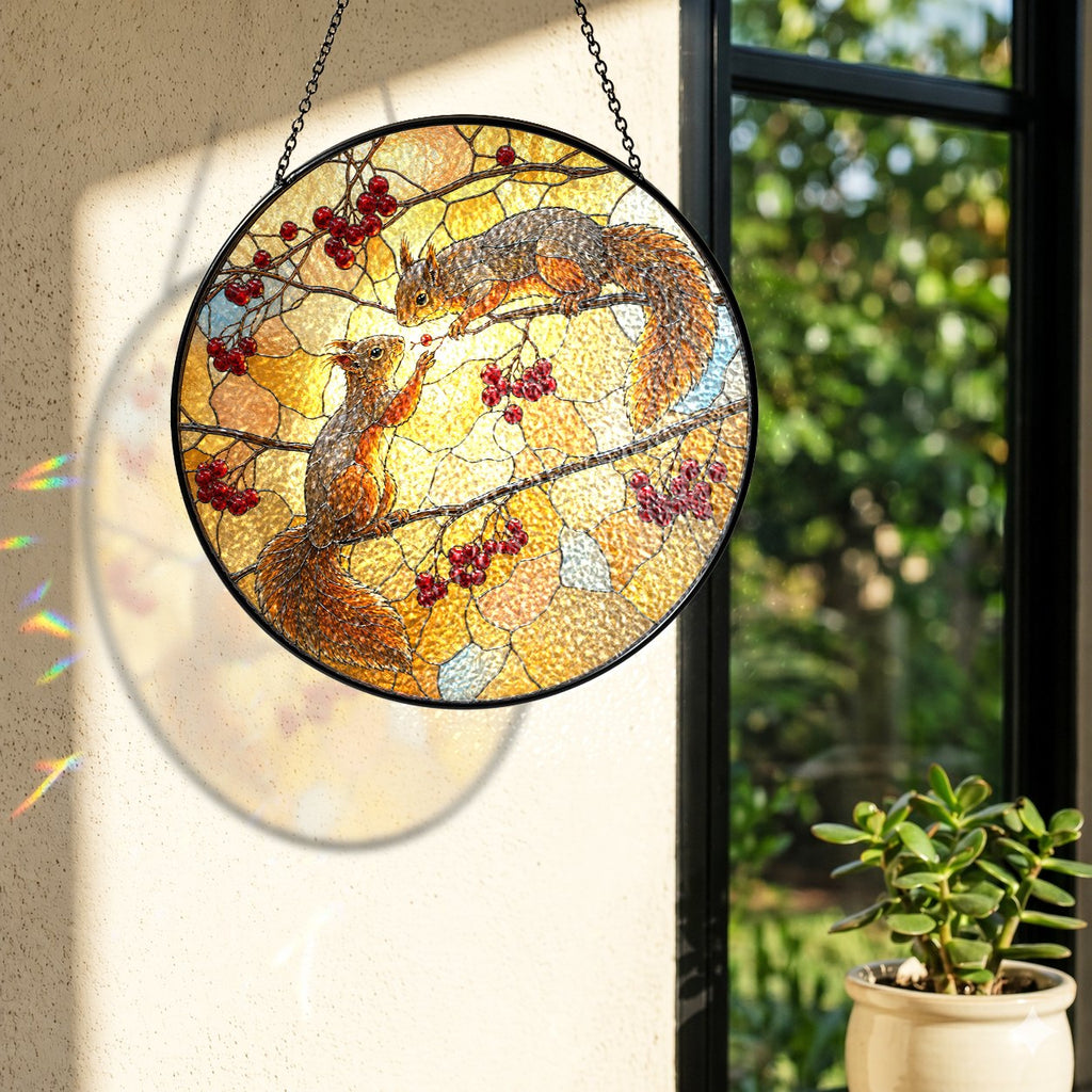 Squirrel Pair & Rowan Berry Branch Stained Glass Suncatcher