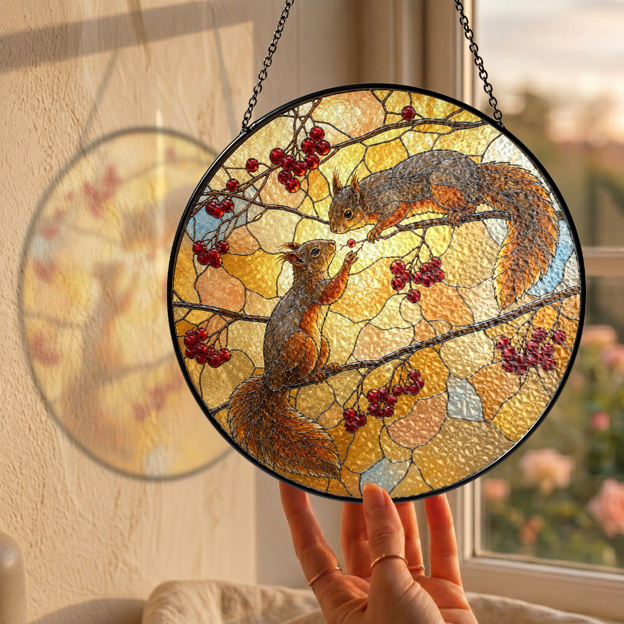 Squirrel Pair & Rowan Berry Branch Stained Glass Suncatcher