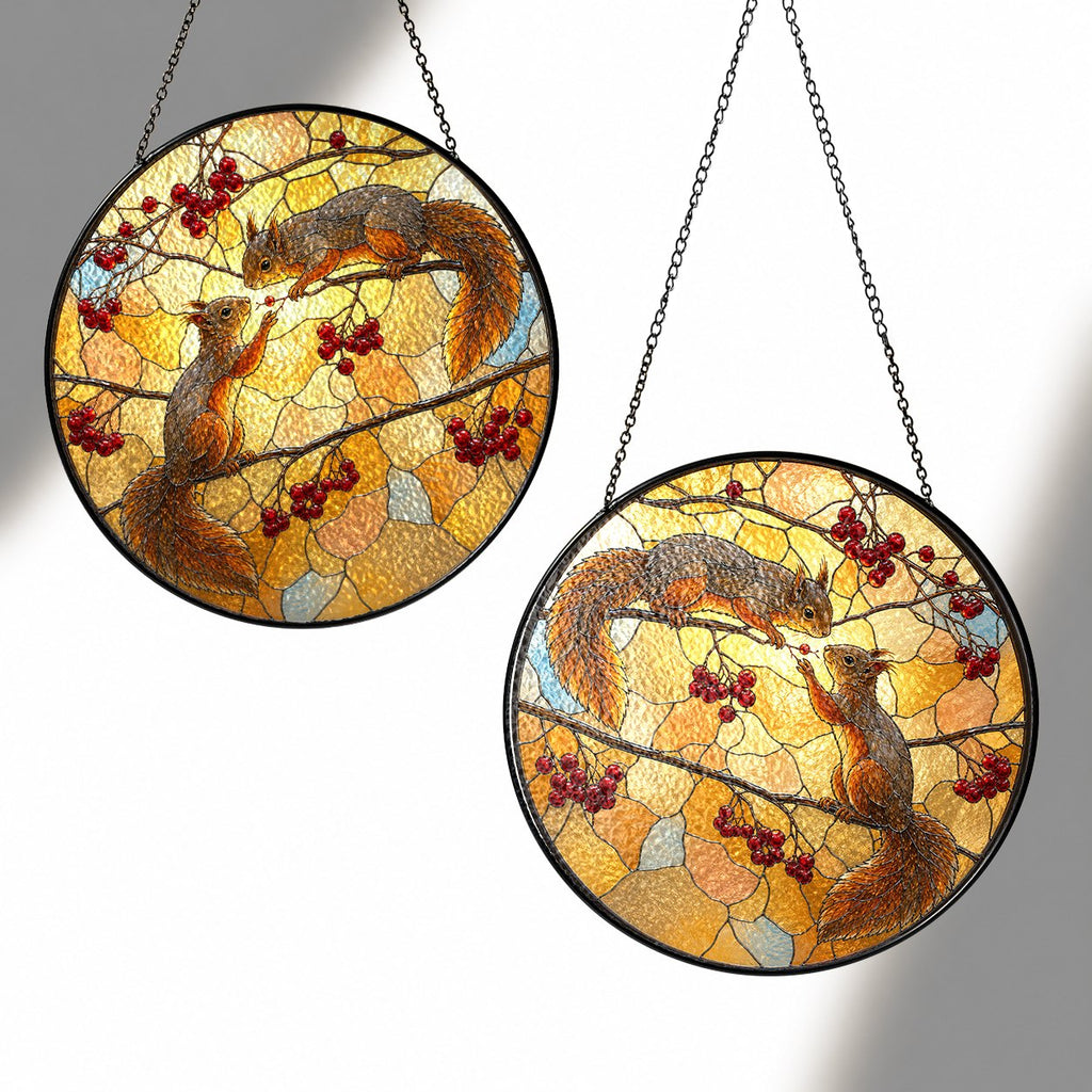Squirrel Pair & Rowan Berry Branch Stained Glass Suncatcher
