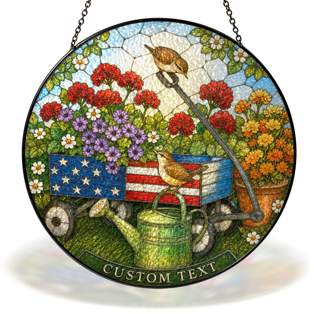 Personalized patriotic garden cart stained glass suncatcher with custom text