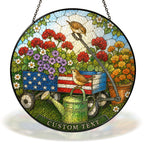 Personalized patriotic garden cart stained glass suncatcher with custom text