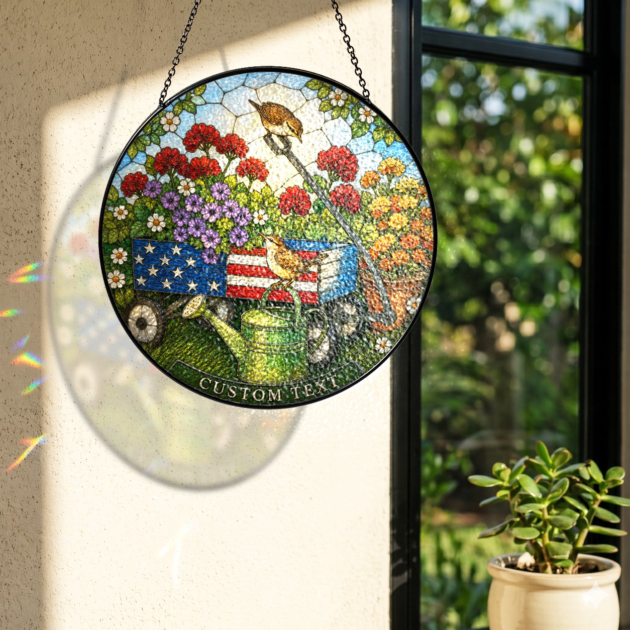 Personalized Patriotic Garden Cart Stained Glass Suncatcher