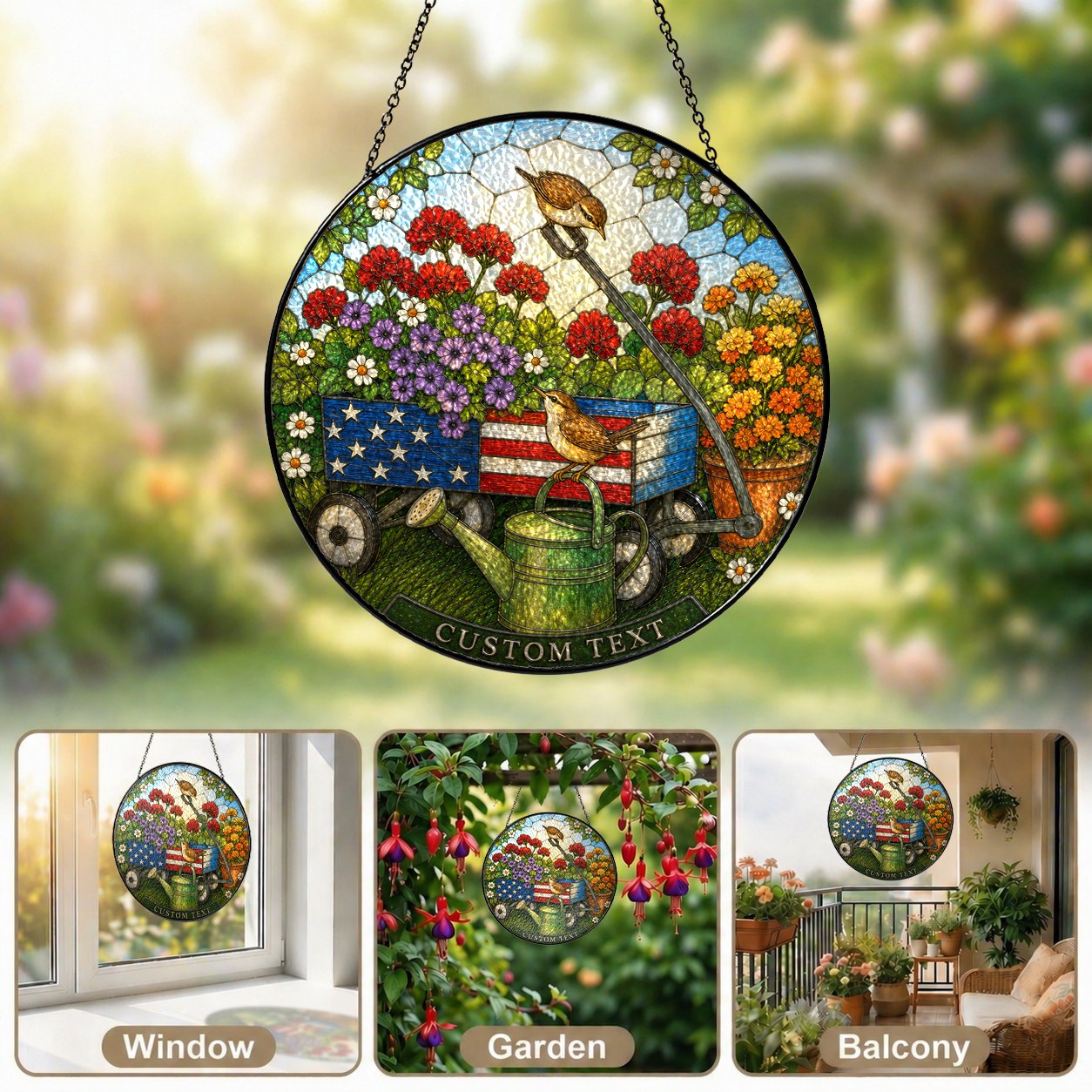 Personalized Patriotic Garden Cart Stained Glass Suncatcher