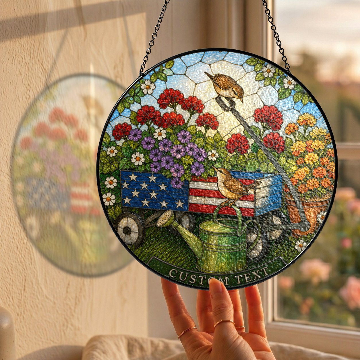 Personalized Patriotic Garden Cart Stained Glass Suncatcher