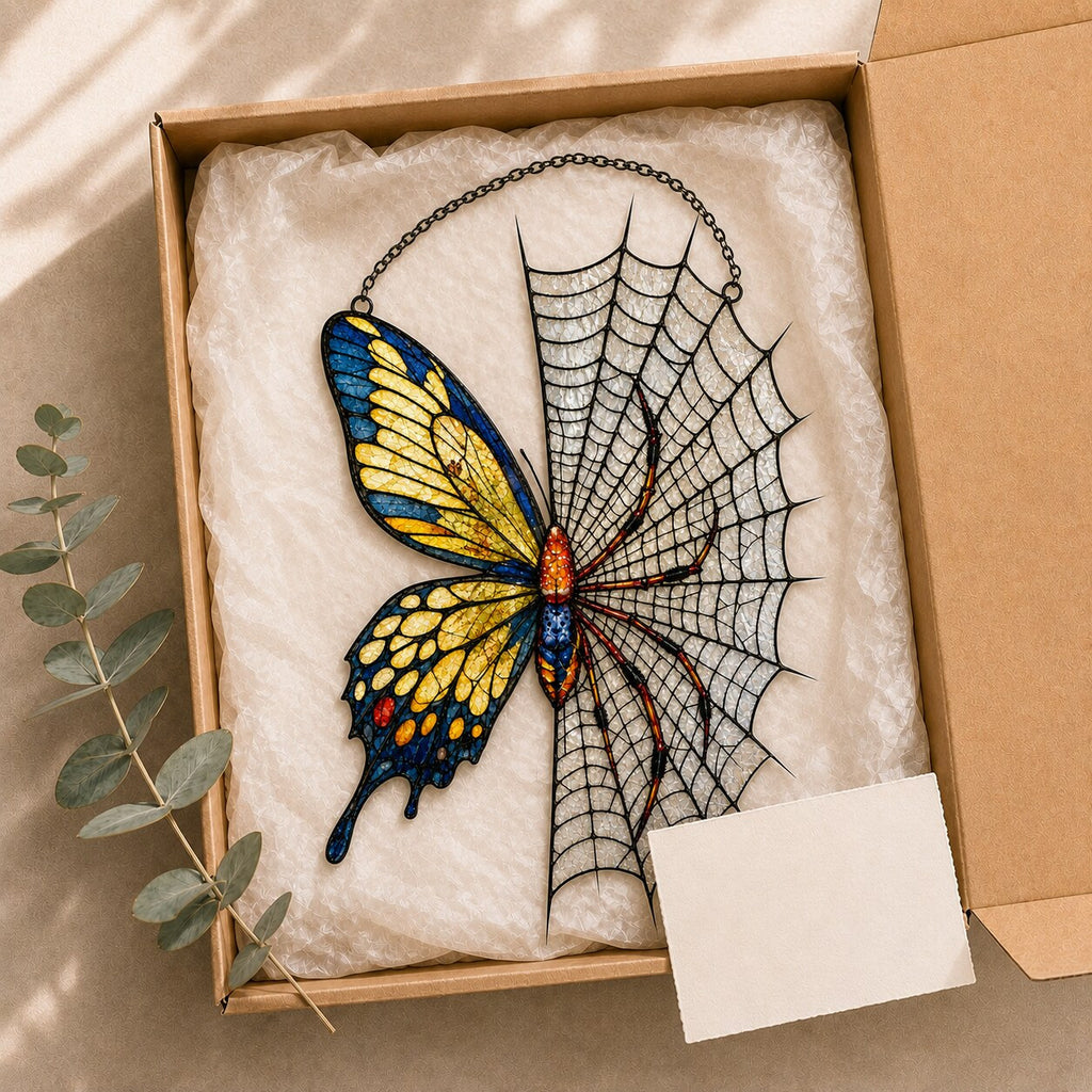 Yellow Butterfly on Spider Web holographic acrylic suncatcher hanging in a sunlit window