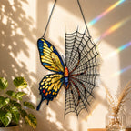 Close-up of the Yellow Butterfly on Spider Web holographic suncatcher showing its stained-glass style artwork