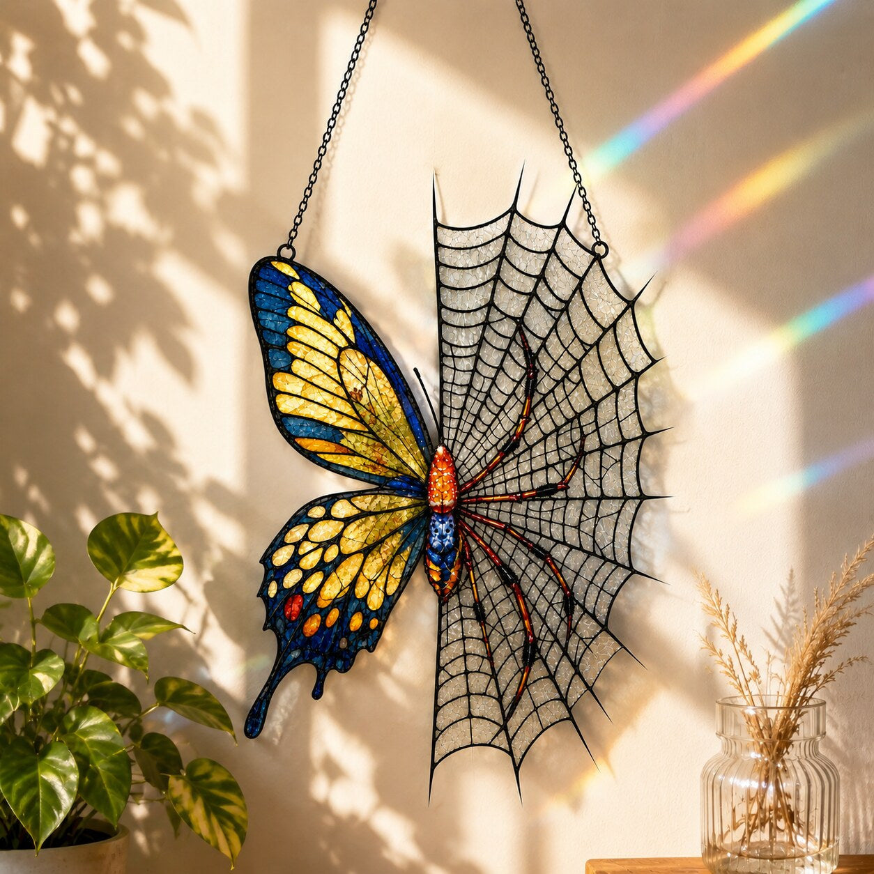 Close-up of the Yellow Butterfly on Spider Web holographic suncatcher showing its stained-glass style artwork
