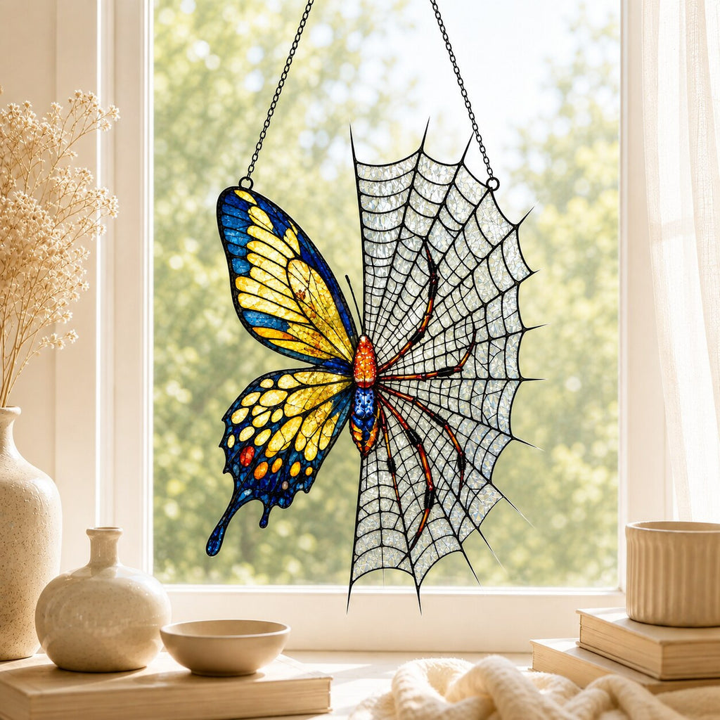 Yellow Butterfly on Spider Web acrylic suncatcher hanging in a window with seasonal decor