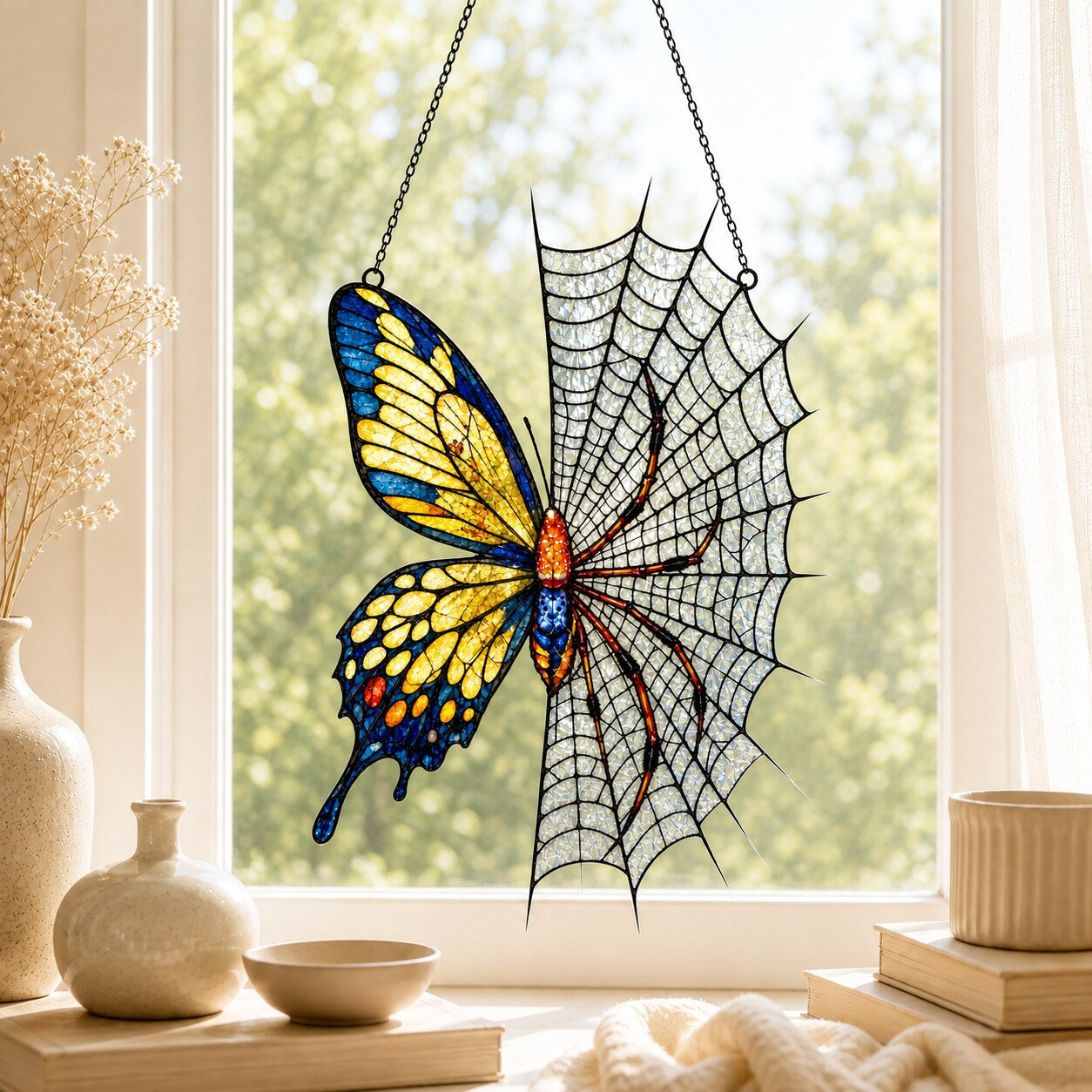 Yellow Butterfly on Spider Web acrylic suncatcher hanging in a window with seasonal decor