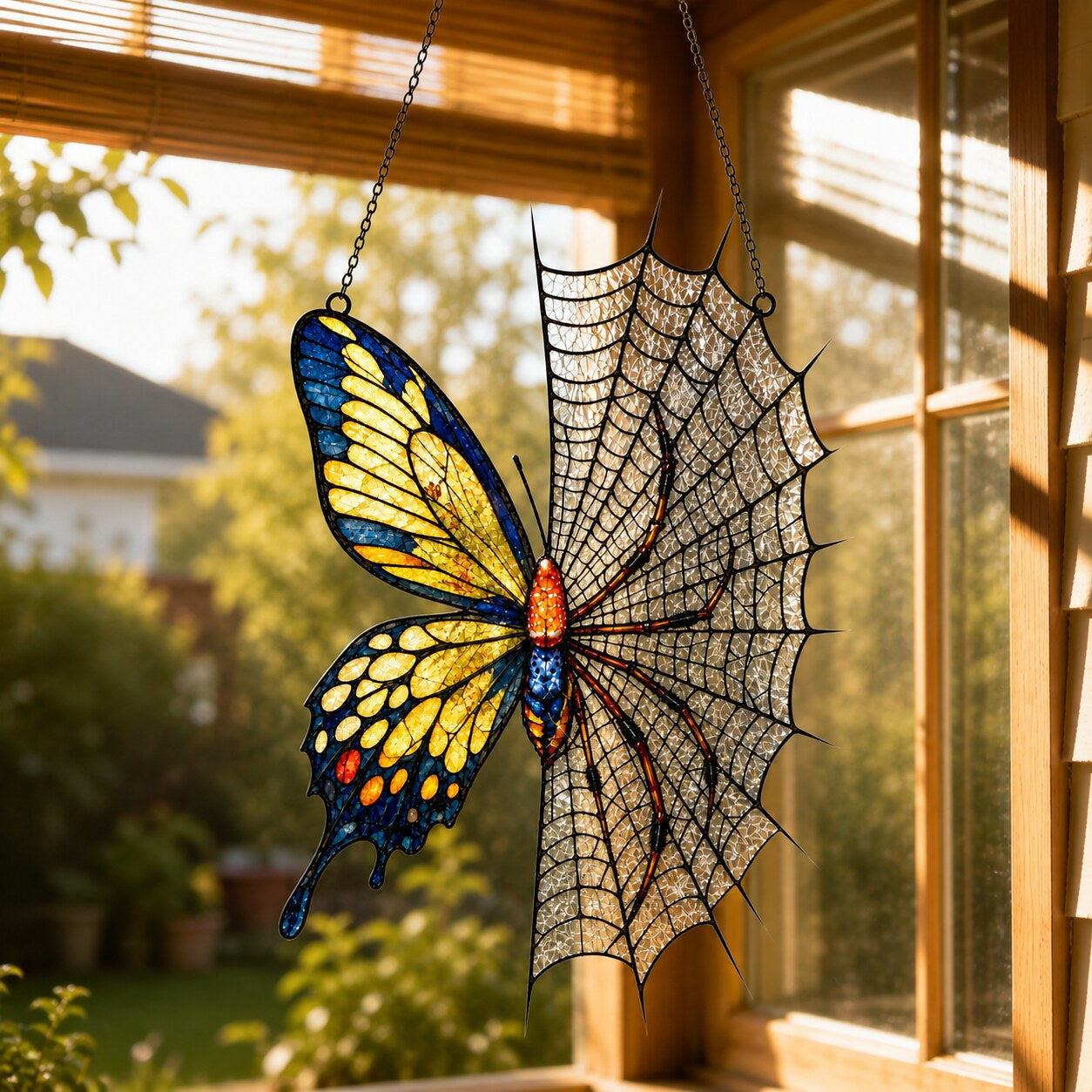 Yellow Butterfly on Spider Web holographic suncatcher with sunlight passing through the acrylic