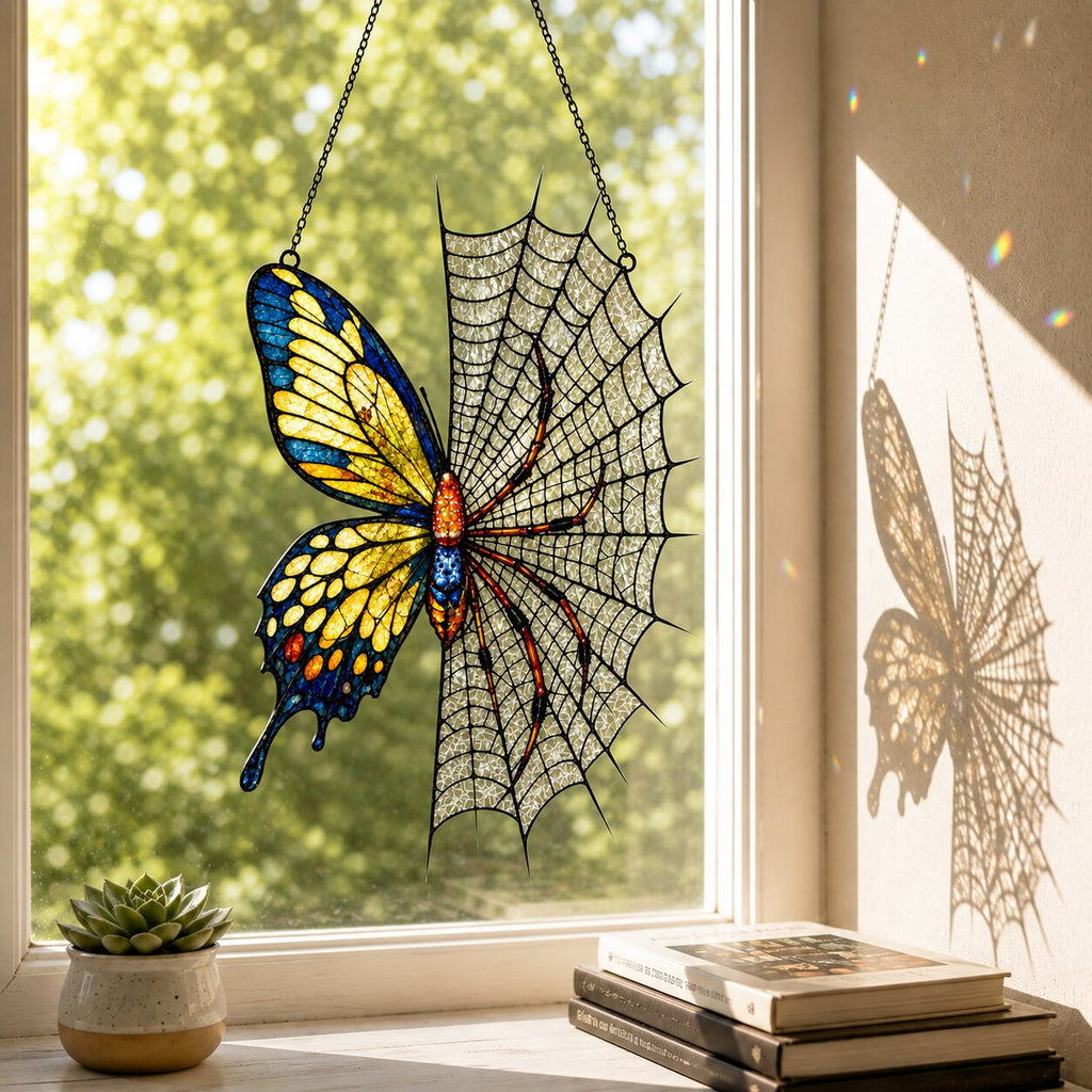 Yellow Butterfly on Spider Web holographic acrylic suncatcher styled in a cozy room