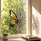 Yellow Butterfly on Spider Web holographic acrylic suncatcher styled in a cozy room