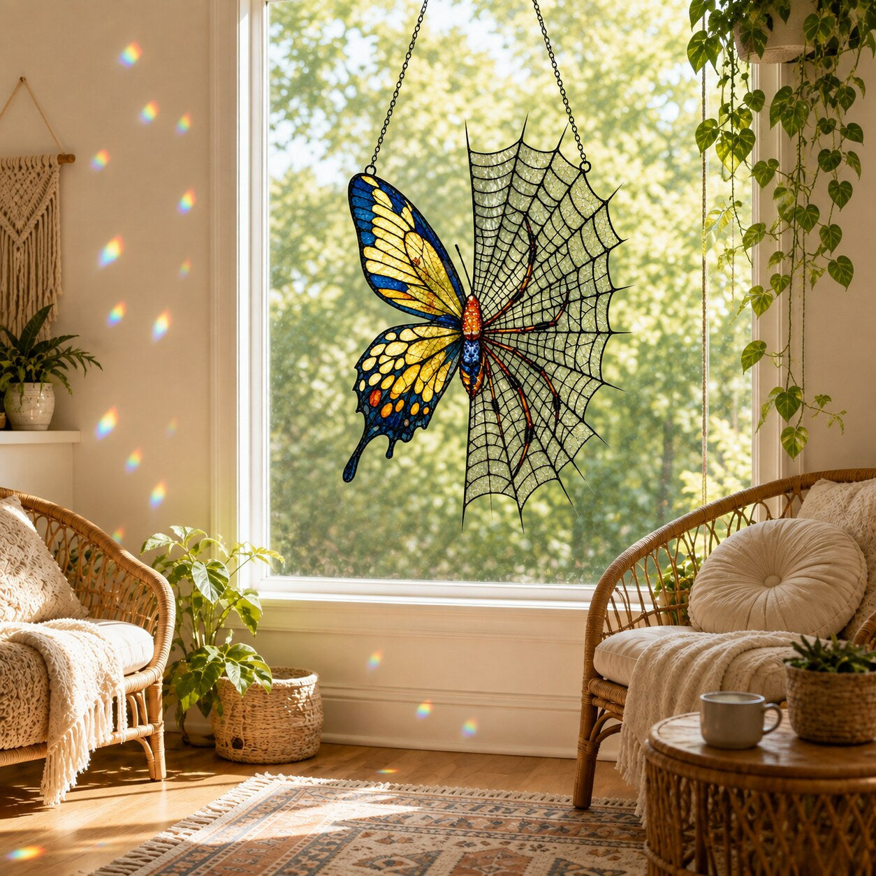 Yellow Butterfly on Spider Web window suncatcher seen against a sunlit garden