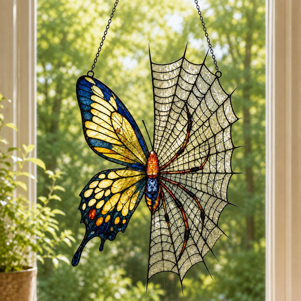 Yellow Butterfly on Spider Web holographic suncatcher hanging in a living room window
