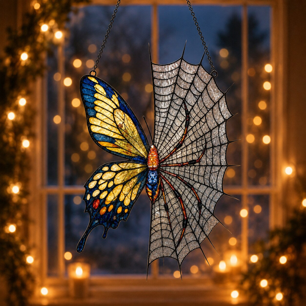 Yellow Butterfly on Spider Web suncatcher displayed in a home window