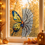 Yellow Butterfly on Spider Web holographic acrylic suncatcher in natural daylight