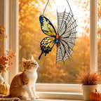 Yellow Butterfly on Spider Web window hanging suncatcher with rainbow light reflections